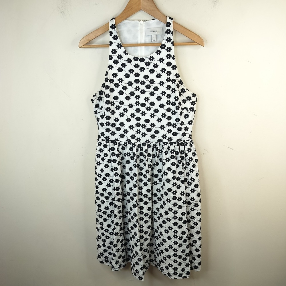 J.Crew Floral Embroidered Fit and Flare Dress Womens 8 Pleated White Black